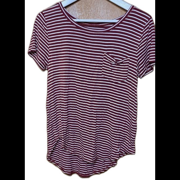 HOLLISTER T-Shirt Loose Striped Pocket Short Sleeves Blouse Womens S Maroon Red - Picture 2 of 9
